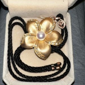 Gold Flower Necklace / Pin w Pearls and Rhinestones